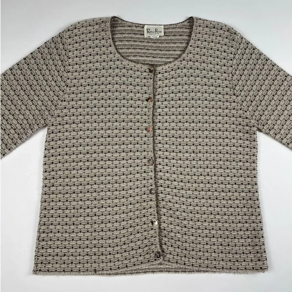 Vintage Knit Cream Brown Sweater Cardigan Button Up Made in New York Size Large